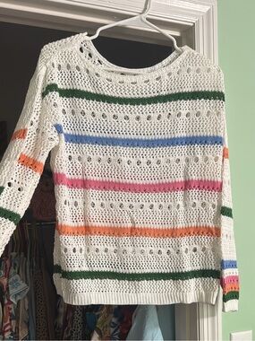 Open-Knit White Sweater with Colorful Stripes